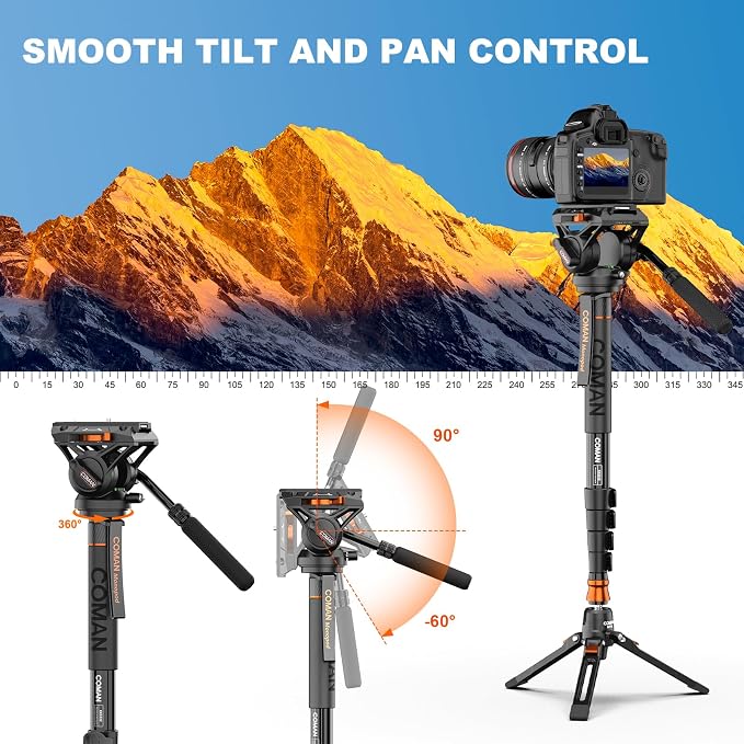 Professional Camera Monopod with Feet, 73.2 inch Aluminum Portable Travel Video Monopod with Removable Tripod Stand Base, Max Load 22 Lbs, New Q6 Fluid Head for DJI RS4 Manfrotto, KX3232Q6 - Image 9