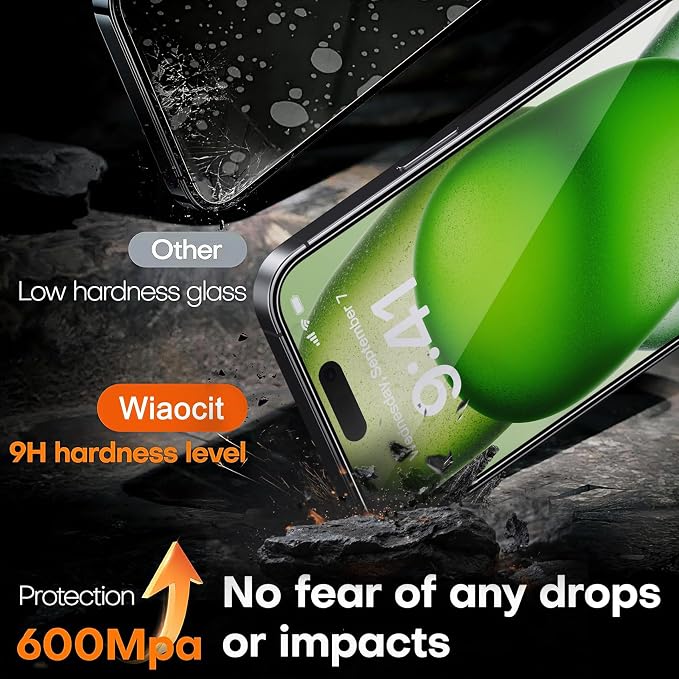Wiaocit Tempered Glass Privacy Screen Protector for iPhone 15 | 3+3 Pack, 9H Hardness, Camera Lens Protector, Installation Frame, Bubble Free, Case Friendly - Image 4