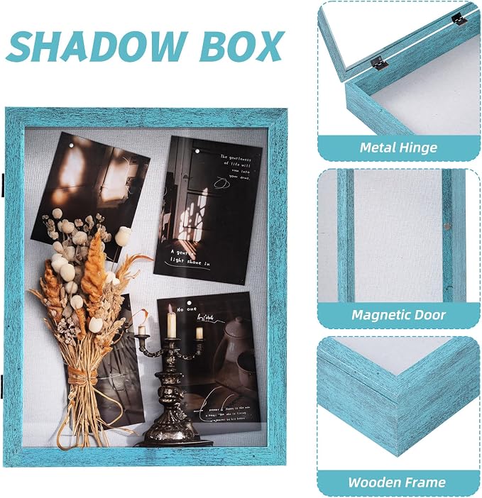 Muzilife 11x14 Shadow Box Picture Frame, 2.16 Deep, HD Glass, Rustic Blue | FSC-Wood, Magnetic Door, Linen Interior & Pins, Vertical, Horizontal Wall Hanging, Display Case Frame for Photos & Keepsakes - Image 4