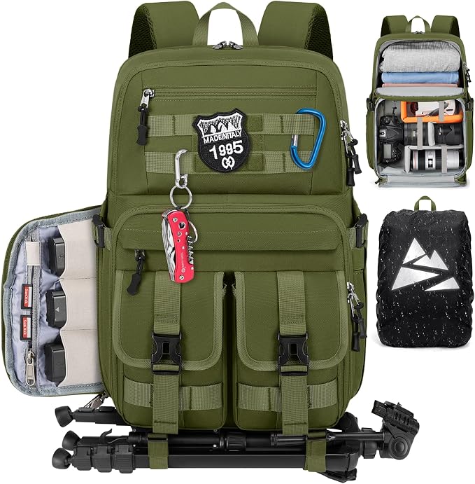 RAINSMORE Camera Backpack, DSLR/SLR/Mirrorless Camera Bag for Photographers | 15.6 Inch, Waterproof Tactical Photography Backpack Case, with Rain Cover & Tripod Holder by RAINSMORE