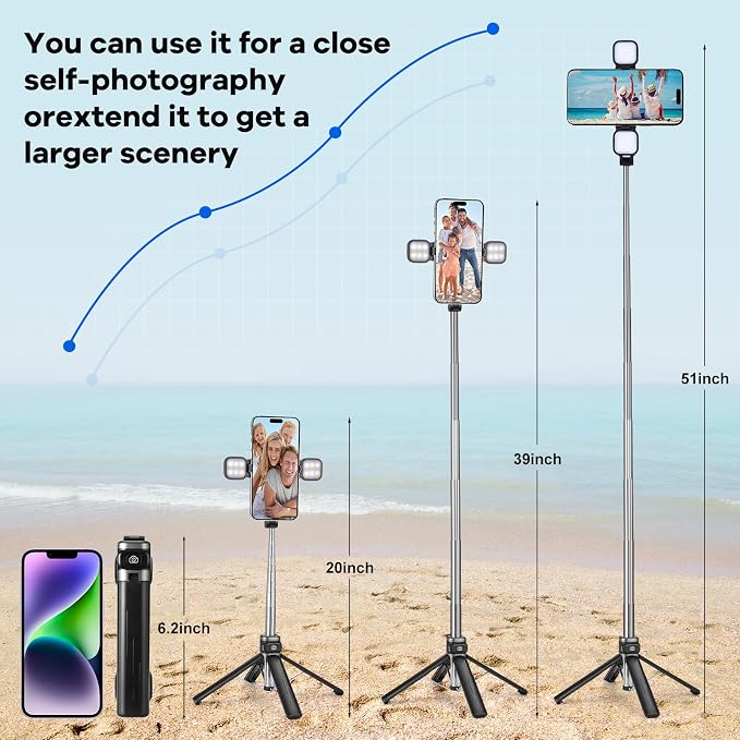 MQOUNY Mini iPhone Tripod Stand & Selfie Stick with Wireless Remote & Removable Light, Extendable Stand 360 Rotation Compatible with iPhone & Android Samsung (Black) - Image 4