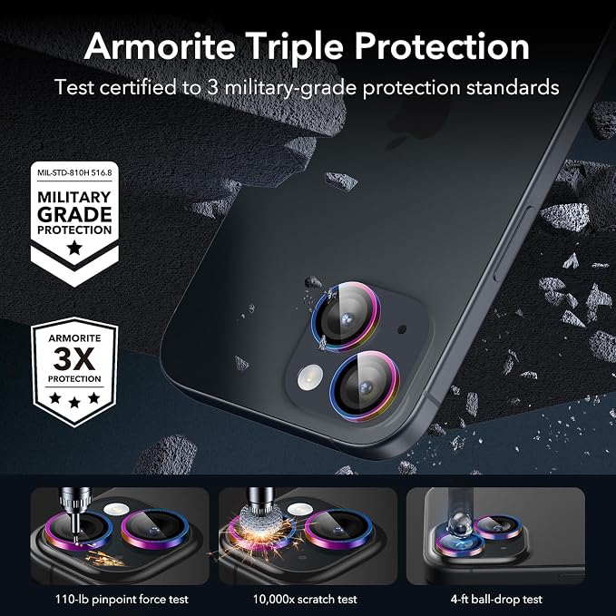 ESR 2 Pack Camera Lens Protector for iPhone 15/15 Plus/14/14 Plus, Ultra-tough HD Individual Lens Protectors, Scratch Resistant, Ultra-thin Tempered Glass, Armorite Series, Chromatic | Individual Camera Cover, 9H Tempered Glass, Original Camera Clarity... - Image 3