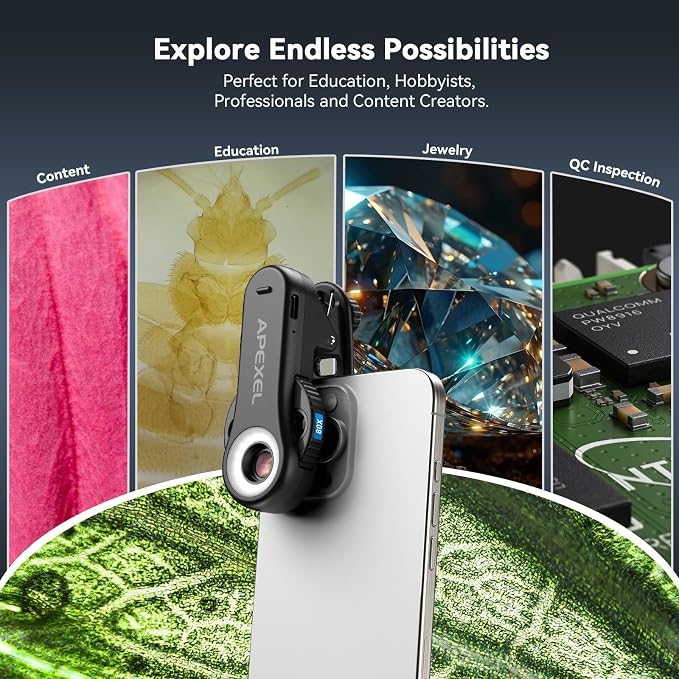 APEXEL 40x/80x/120x 3-in-1 Phone Micro Lens Phone Microscope Lens | With Universal Clip/CPL/16 LED/8 UV LED, Wheel Design, Pocket Portable Microscope for iPhone, Samsung & Android - Image 2