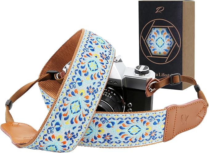 Padwa Lifestyle Blue Vintage Embroidered Camera Strap - 2" Pure Cotton Cowhide Ends Camera Straps for All DSLR/SLR Cameras, Adjustable Universal Strap,Great Gift for Men & Women Photographers by PadwaLifestyleCameraStrap