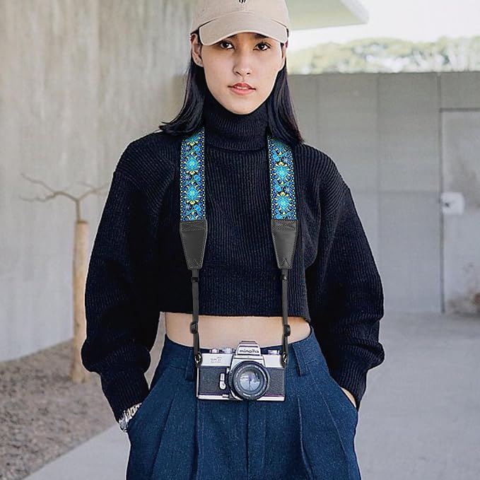 Padwa Lifestyle Camera Strap - 2" Full Grain Leather Ends Camera Straps for Photographers, Vintage Embroidered Cotton Weave Soft Suede Fabric Padded Strap Quick Release fits All Cameras - Image 5