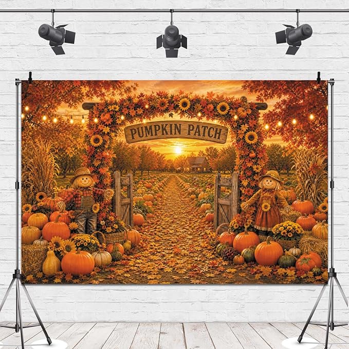 Fall Pumpkin Patch Backdrop 12x10ft Thanksgiving Autumn Harvest Scarecrow Sunflower Photography Background Fall Pumpkin Leaves Theme Baby Shower Party Decorations Photo Booth Props Vinyl - Image 4