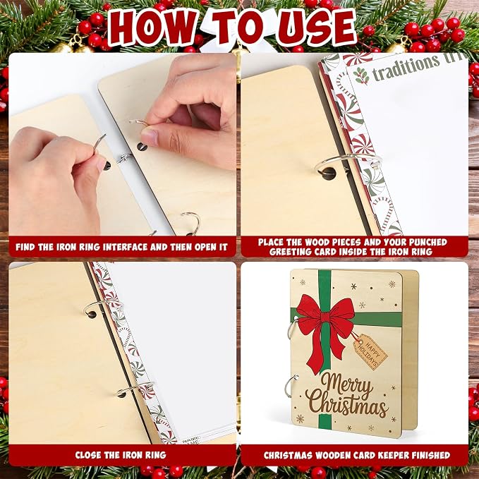 Wooden Christmas Card Keeper Binder Merry Christmas Greeting Card Holder with Rings Xmas Holiday Post Cards Organizer Wood Memories Book for Storage Keepsake Album Photo Notes Gift Winter Past Notes - Image 3