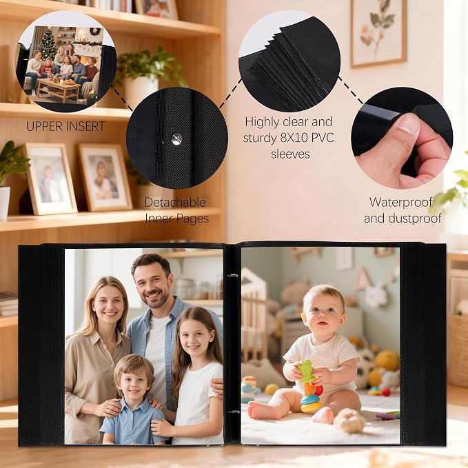 Aevdor Large Capacity 8x10 Photo Album, 200 Photos, Linen Cover, Black | Black Inner Pages, Vertical 8x10 Layout, Clear Pockets for Photos, Artwork, Postcards & Drawings - Image 2