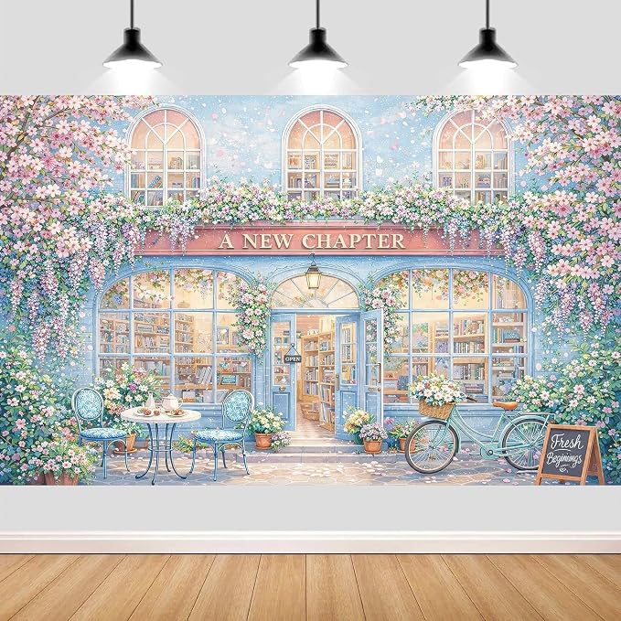 15X10ft A New Chapter Begins Backdrop Bridal Shower Blue Floral Book Shop Wedding Engagement Photography Background Bridal Shower Party Decoration Supplies Cake Table Photo Booth Studio Props by JAWO