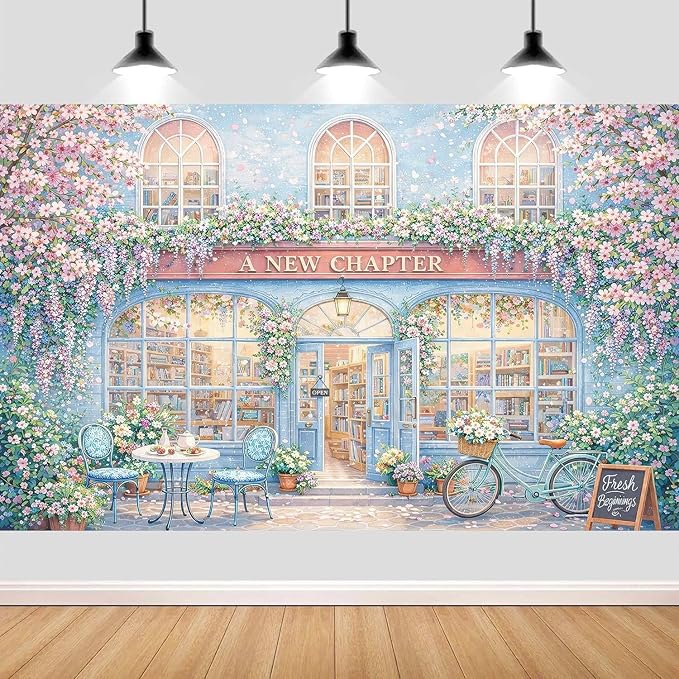 9X6ft A New Chapter Begins Backdrop Bridal Shower Blue Floral Book Shop Wedding Engagement Photography Background Bridal Shower Party Decoration Supplies Cake Table Photo Booth Studio Props by JAWO