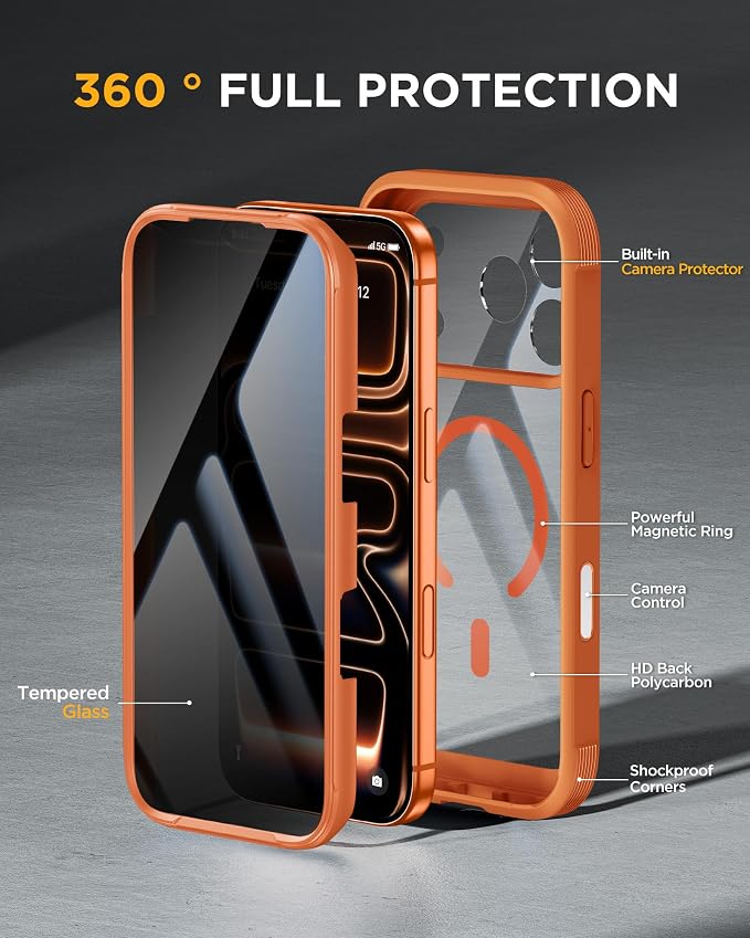 miracase for iPhone 17 Pro Privacy Series Case, Magsafe, Orange | Built-in Privacy Screen Protector | 360° Full Protection | Colored Bezel & Clear Back | Shock-Absorbent | 6,3 Inch - Image 3