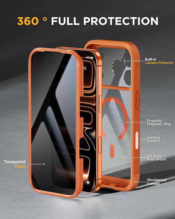 Miracase for iPhone 17 Pro Max Case with Privacy Screen Protector, Orange | Compatible with MagSafe, 360° Full Body Protection, Full Camera Protection, Military-Grade Shockproof Phone Case 6.9" - Image 3