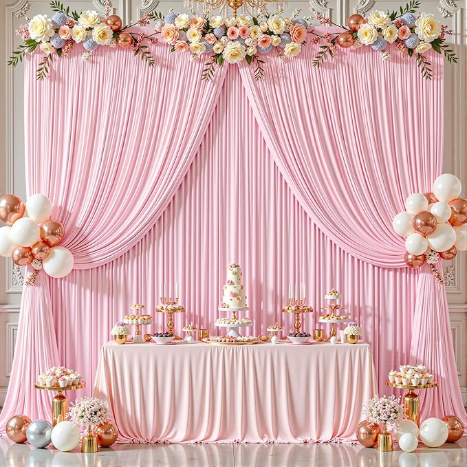 8ftx10ft Wrinkle Free Pink Backdrop Curtain - 10 Feet Photography Backdrop Drapes, Silky Polyester Back Drop Cloth for Wedding Baby Shower Balloon Arch Background - Image 3