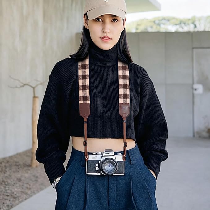 Padwa Lifestyle Camera Strap - 2" Full Grain Leather Ends Camera Straps for Photographers, Unique Vintage Cashmere and Soft Suede Fabric Padded Strap Quick Release fits All Cameras(Beige Coffee Check) - Image 2