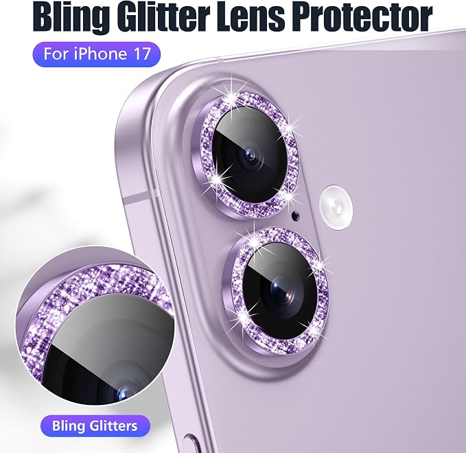 AGVEE 3+3 6 Pack for iPhone 17 Camera Lens Protector Cover | Individual Bling Diamond & Bling Glitter Sparkle Cute Gem Metal Ring, 9H Tempered HD Glass - Image 5
