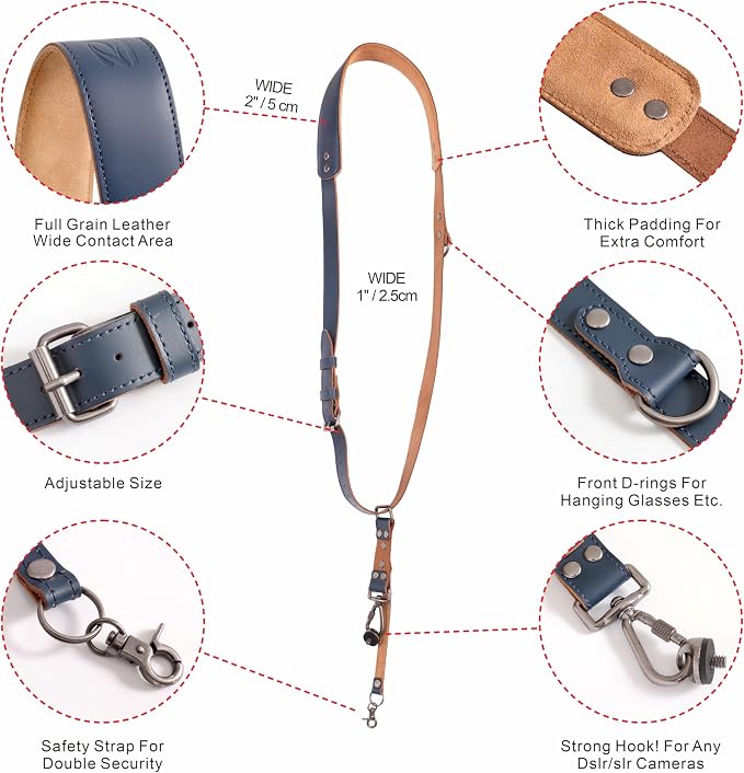 Padwa Lifestyle Blue Single Camera Harness Strap for One Camera - Professional Single Full Grain Leather Camera Harness,Quick Release Gear DSLR Camera Straps for Photographers - Image 2