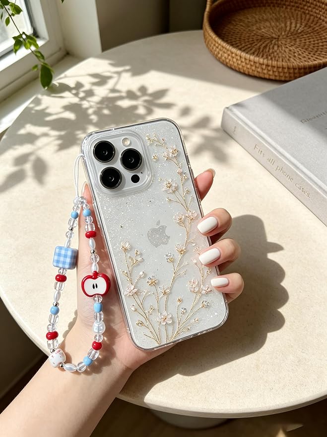 2 Pcs Phone Charm Strap Hand Wrist Strap Camera Lanyard Pearl Beaded Cute Chain String Accessories Universal for iPhone 17 Pro Max 16 15 for Samsung Women Girls Keychain Bags Red Apple and Beach Beads - Image 8