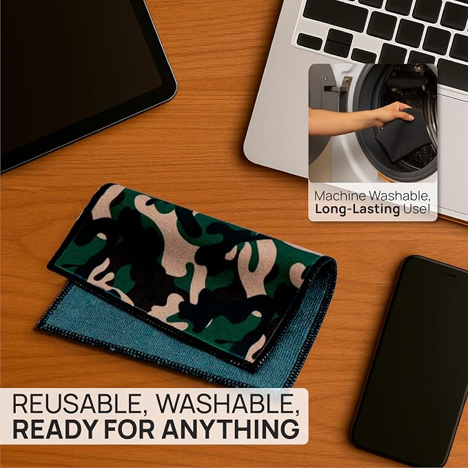 Microfiber Wholesale Quick Cloth Glasses Cleaning Cloths – 5x7 Camo 2-Pack | with Case | Double-Sided Lens Cleaner for Eyeglasses, Camera, Screens & Glass | Reusable Microfiber Glass Polishing Cloths - Image 4