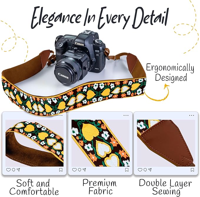 Art Tribute Camera Strap - Shoulder, Crossbody & Neck Camera Strap for Photographers, Fits All Cameras, Canon Nikon Sony Fujifilm, Padded Strap W/Quick Release, Embroidered Cotton & Leather Ends - Image 3