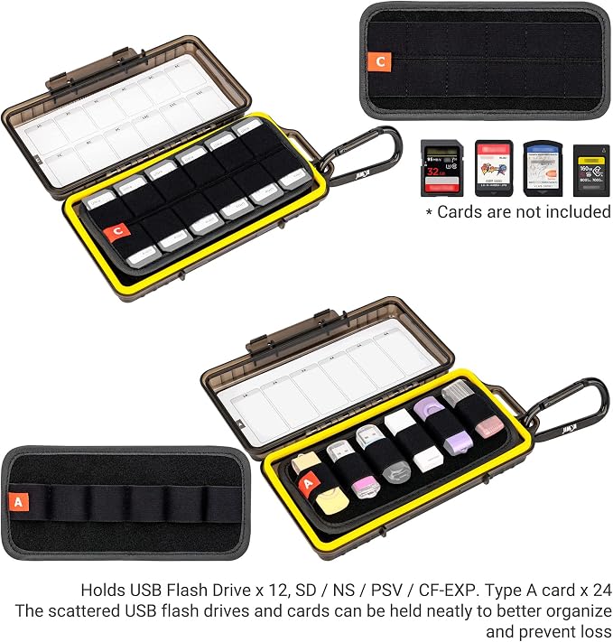 JJC Hard Flash Drive SD Card Case Holder for 12 USB Type A/C & 24 SD Cards | Water-Resistant & Shockproof Thumb Drive Storage Case, Double-sided Flap & Elastic Slots Design, with Carabiner & Sticker - Image 2