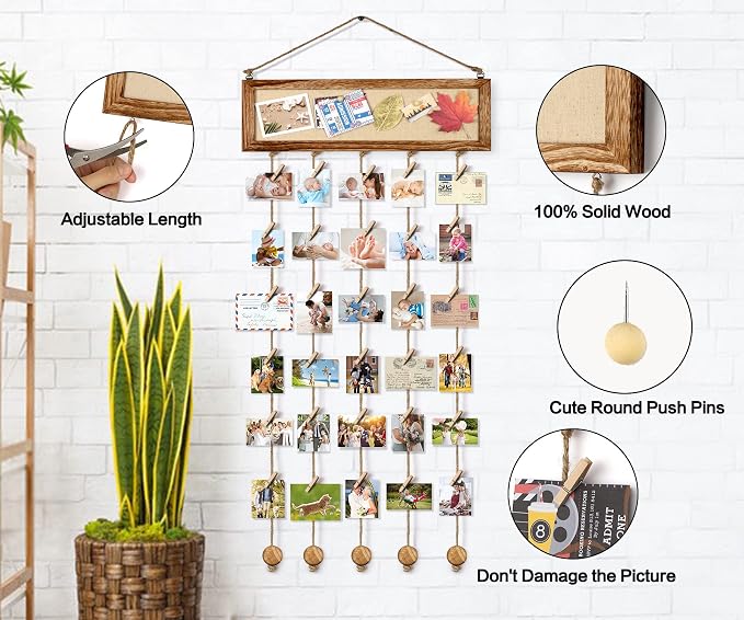 Bikoney Picture Frames Collage Wall Decor Hanging Photo Display Multi Pictures Organizer with Wood Bulletin Board Photo Board 30 Clips and 6 Pushpins for Room (Carbonized Black) (Pack of 3) - Image 2