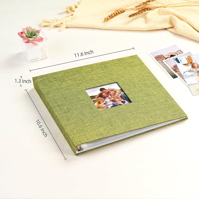 Mublalbum 10x10 Inch 3 Ring DIY Scrapbook Photo Album 40 Pages, Green | 3 Ring Binder Scrapbook, Linen Cover, 20 Plastic Sleeves 40 Pages, Memory Book for Wedding, Baby, Family, DIY Projects - Image 2