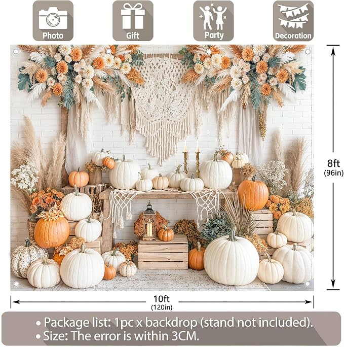 Fabric 10x8ft Autumn Boho Pumpkin Backdrop Fall Harvest Banner | Thanksgiving Day Floral Photography Background, Family Girl Women Party Decorations, Wedding Baby Shower Photo Props - Image 3