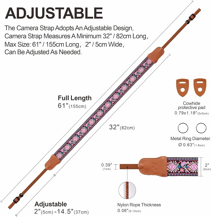 Padwa Lifestyle Pink Vintage Embroidered Camera Strap - 2" Wide Cowhide Head Camera Straps,Cotton Woven Adjustable Shoulder & Neck Strap for All DSLR Cameras,Great Gift for Men&Women Photographers - Image 5