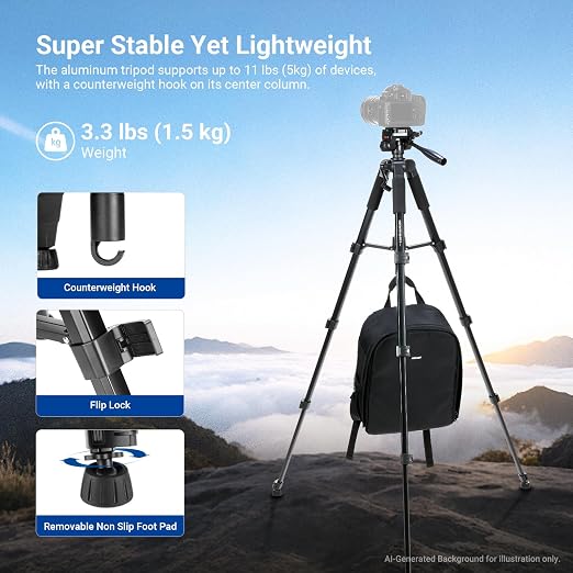 NEEWER Basics TP56 Camera Tripod, 74" Tripod with Cell Phone Holder Mount | Compatible with iPhone for Video Recording, Professional Aluminum Lightweight Portable Travel Stand, 3 Way Pan Tilt Head - Image 5