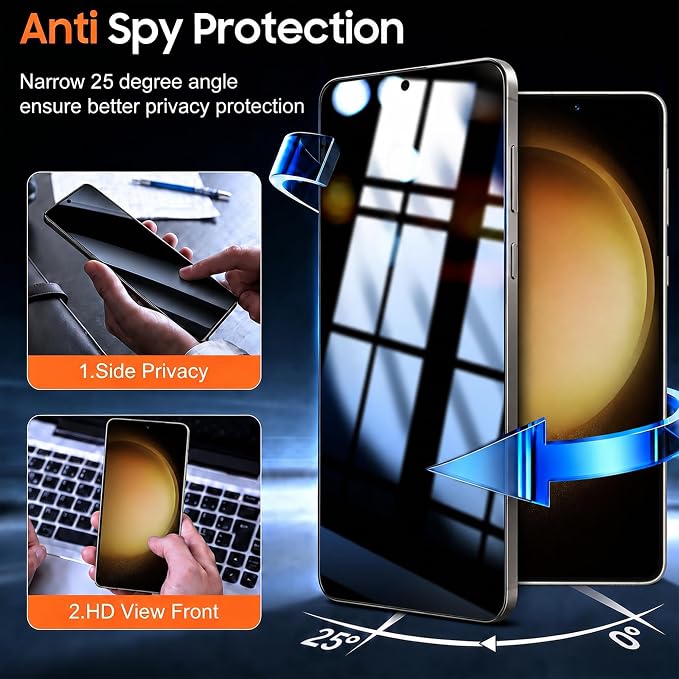 2+2 Pack for Samsung Galaxy S23 Plus Privacy Screen Protector | Camera Lens Protector, Auto-Alignment Tool, Ultrasonic Fingerprint Unlocking, 9H Tempered Glass, Anti-Spy, Case Friendly - Image 3