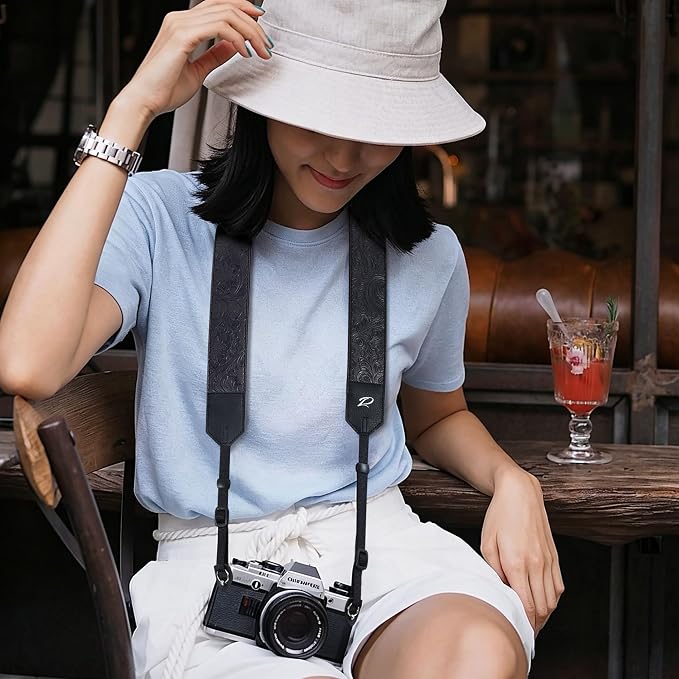 Padwa Lifestyle Camera Strap - 2" Black Faux Leather Carving Camera Straps with Full Grain Leather Ends for Photographers, Vintage Soft Suede Fabric Padded Strap Quick Release fits All Cameras - Image 2
