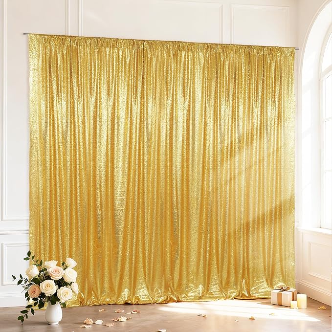 SquarePie 10x10ft Gold Sequin Backdrop, High Density Non-Transparent Glitter Curtain for Photography, Birthday, Wedding Party Decorations, Thick Solid Background with 4" Rod Pocket, 1 Panel by SquarePie