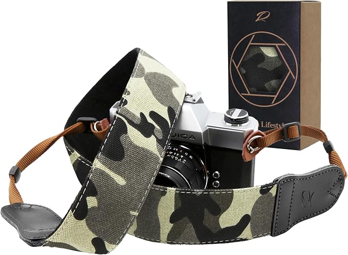 Padwa Lifestyle Camouflage Camera Strap - Double Layer Cowhide Ends,2" Pure Cotton Vintage Woven forest Camo Camera Straps,Adjustable Neck & Shoulder Strap for All DSLR Cameras,Gift for Photographers by PadwaLifestyleCameraStrap