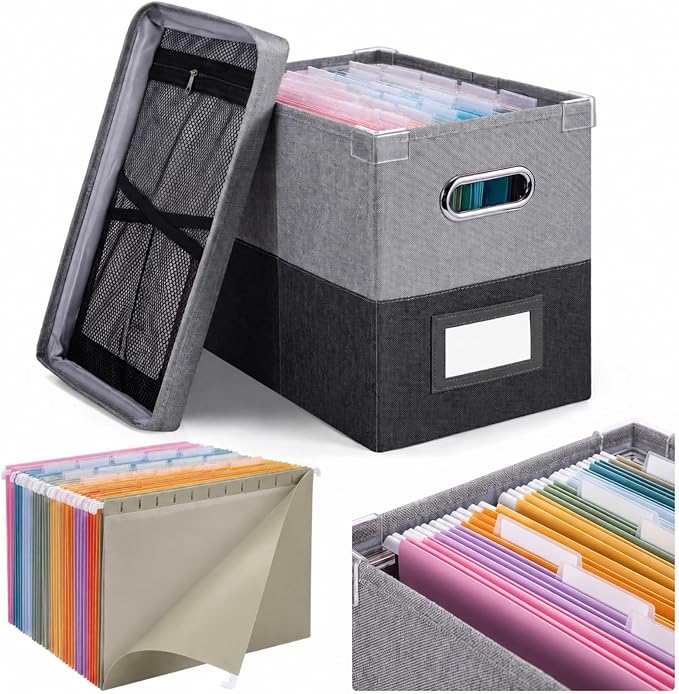 1 Set School Memory Box Organizer, School Keepsake Organizer K-12,Grey | with 15 Hanging File Folders, 4 Labels, 3 Sticker, Mesh-Pocket Lid, for Letter/A4, Report Cards, Photos, Awards, File Keeper by Wenqik