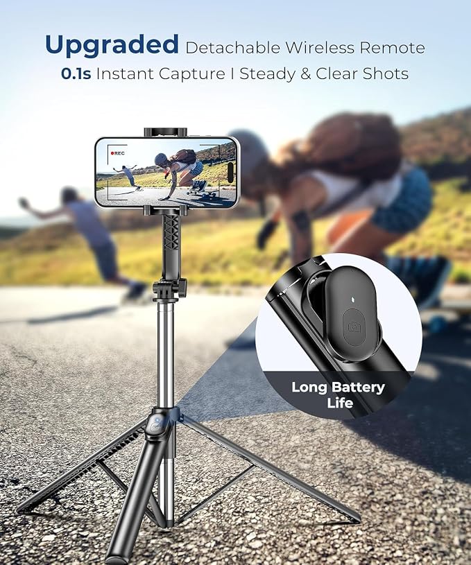 Fuloview 67” Selfie Stick Tripod for iPhone, Lightweight Travel Phone Tripod with Wireless Remote, Extendable Cell Phone Stand for Photography, Video & Live Streaming – Black - Image 3