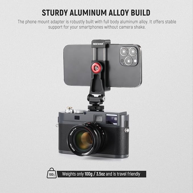 NEEWER Metal Phone Tripod Mount Adapter with Cold Shoe Base, PA001 | 360° Phone Holder, 2 Cold Shoe Mounts for Video Light/Mic, Vlogging, Universal Compatible with iPhone Samsung Huawei - Image 6