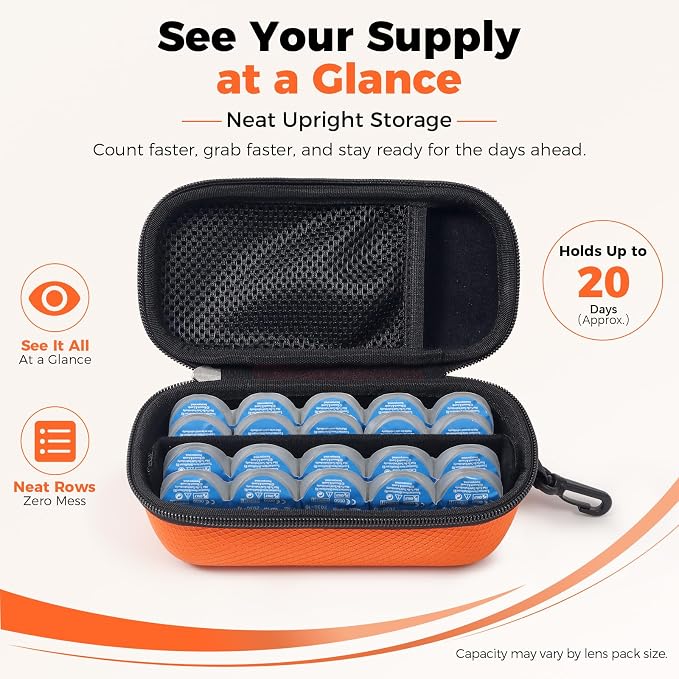 WOMACO Daily Contact Lens Case, Hard Shell Portable Contact Lens Travel Box for Disposable Daily Lenses, Left Right Separated Contact Lens Storage Organizer with Mesh Pocket (Orange, for 40 pieces) - Image 4