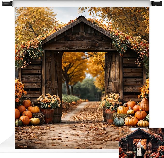 Kate Fall Backdrop Thanksgiving Backdrops for Photography Fall Maple Leaves Pumpkin Barn Door Backgrounds, 10x10ft by KateBackdropforPhotography