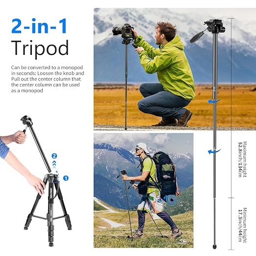 NEEWER Portable Aluminum Alloy Camera 2 in 1 Tripod Monopod Max. 70"/177cm with 3 Way Swivel Pan Head and Carrying Bag for DSLR, DV Video Camcorder (SAB264, Black) - Image 5
