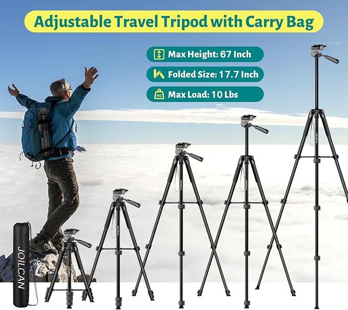 JOILCAN Phone Tripod, 67" Camera Tripod Stand for iPhone iPad | Professional Aluminum Travel Tripods with Wireless Remote and Carry Bag for Cellphone Photo Video Recording Vlog - Image 5