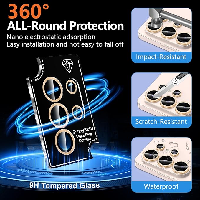 for Samsung Galaxy S26 Ultra Camera Lens Protector, Individual Metal Ring Tempered Glass Lens Cover, [Strong Adsorption] Scratch Resistant Ultra-Thin HD Clear Lens Cover, 1 Set-Titanium Gold - Image 2