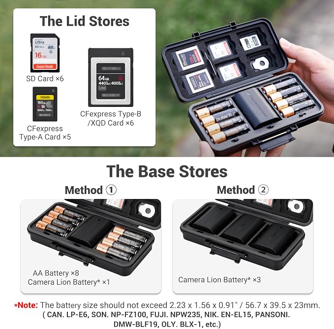 JJC Multi-Function Camera Battery Memory Card Storage Case for 6 SD Card,6 CFexpress Type-B/XQD Cards,5 CFexpress Type-A Cards,8 AA Batteries,3 Camera Batteries Holder Box for LP-E6 NP-FZ100 NPW235 - Image 2