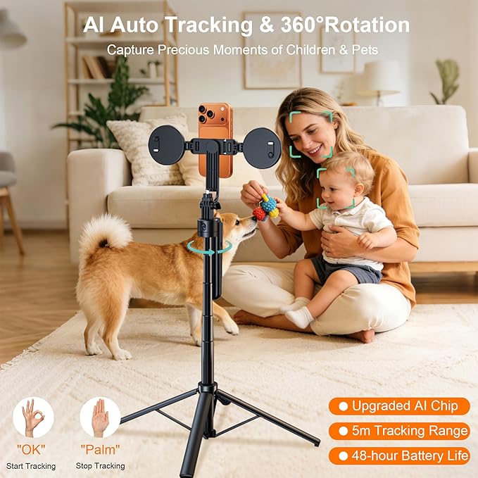 Auto Face Tracking Tripod for iPhone with Light and Remote Phone Stand | 360 Rotation Tripod that Follows Your Movement, No App, 71" Selfie Stick for Content Creator Vlog TikTok Live Stream - Image 2