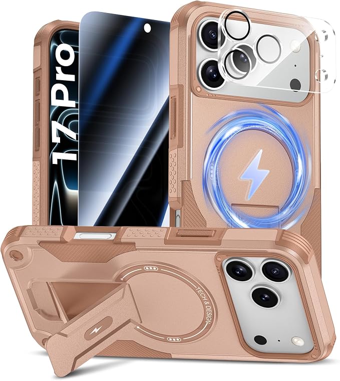 Goton 3 in 1 for iPhone 17 Pro Case with Privacy Screen Protector | Glass Camera Lens Protector,Compatible for MagSafe,Invisible Kickstand, Shockproof Phone Cover for iPhone 17Pro by Goton