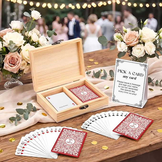 AceOrbit 57 Pack Red Wedding Guest Book Playing Cards Set with Wooden Box | Wedding Signing Guestbook Alternative Personalized Blank Deck of Cards for Guest Reception Romantic Vegas Bridal Shower Games by Unknown