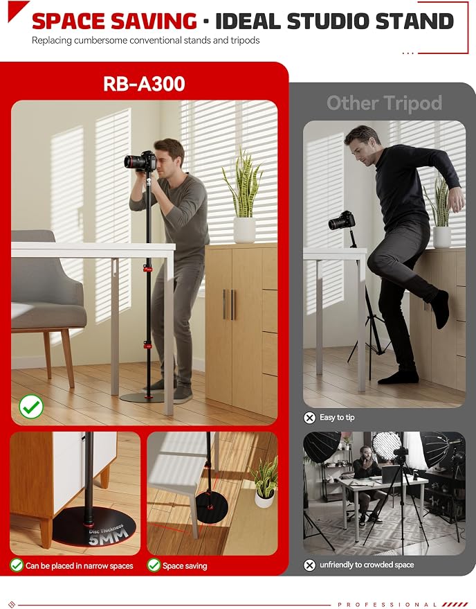 IFOOTAGE A300 Round Base Monopod 60" Aluminum Camera Floor Stand | Tripod Alternative with 1/4" & 3/8" Screw Light Adapter for Camera Tripod Head Ring Light Webcam, Payload 22lb - Image 3