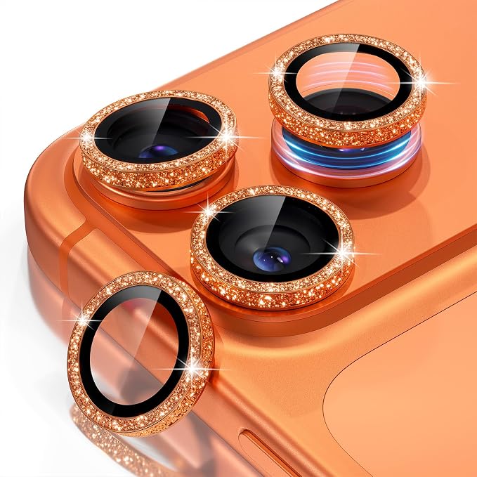 Misea Camera Lens Protector for iPhone 17 Pro Max/17 Pro, Orange Glitter | Bling Upgraded Look, 9H Tempered Glass Individual Metal Camera Cover, Anti-Scratch, for iPhone 17/16/15/14 Pro Max/Pro by Misea