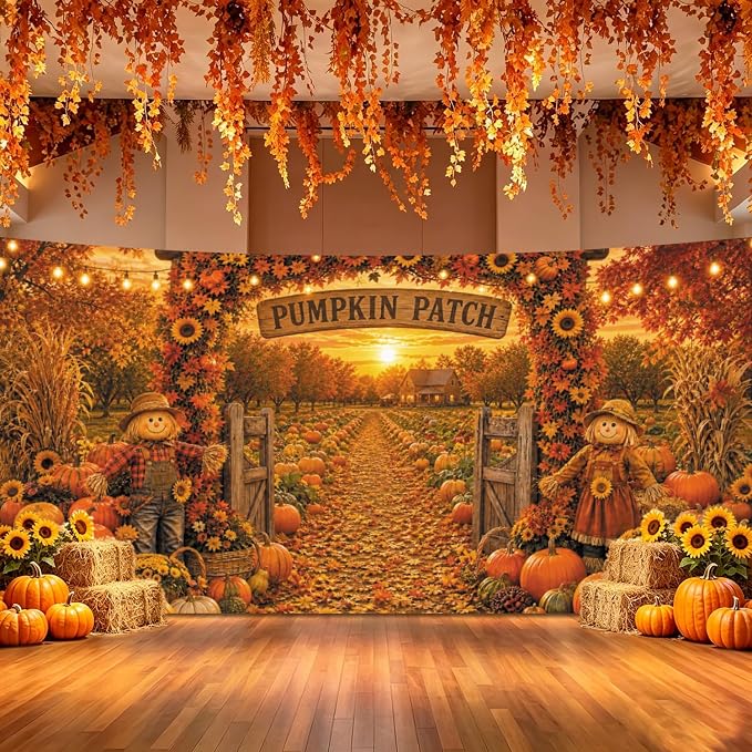 Fall Pumpkin Patch Backdrop 20x10ft Thanksgiving Autumn Harvest Scarecrow Sunflower Photography Background Fall Pumpkin Leaves Theme Baby Shower Party Decorations Photo Booth Props Vinyl - Image 3