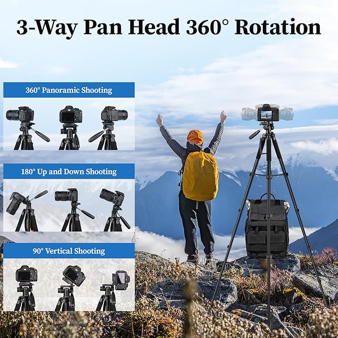 JOILCAN 74" Tripod for Camera Phone Video Recording Photography | Heavy Duty, Professional Travel Tripod, with Phone Clip and Carry Bag, Compatible with DSLR Canon iPhone, Max Load 15 LB - Image 4