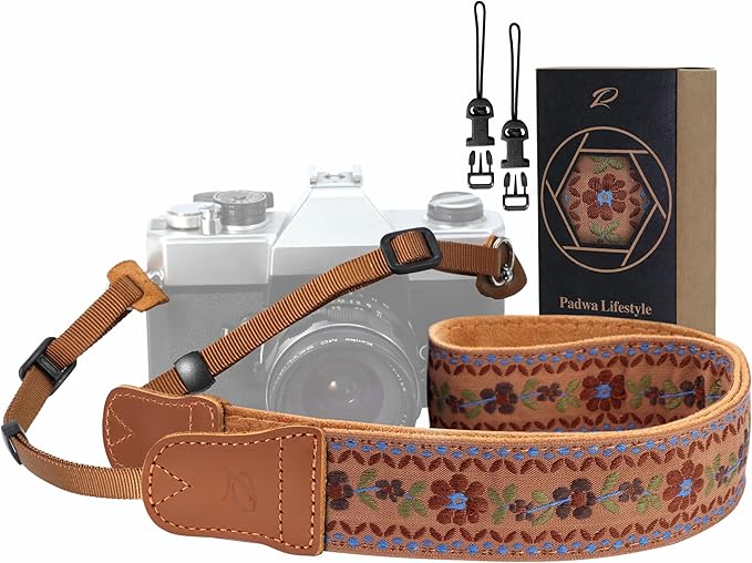 Padwa Lifestyle Embroidered Floral Camera Strap - 1.5" Crazy Horse Cowhide Ends Camera Straps for Photographers, Cute Cotton Weave Soft Suede Fabric Padded Strap fits All Cameras for Adults & Kids by PadwaLifestyleCameraStrap